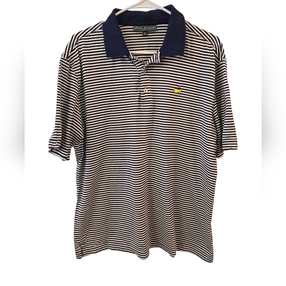 MASTERS COLLECTION MEN'S BLUE AND WHITE STRIPED GOLF POLO SHIRT. SIZE LARGE.
